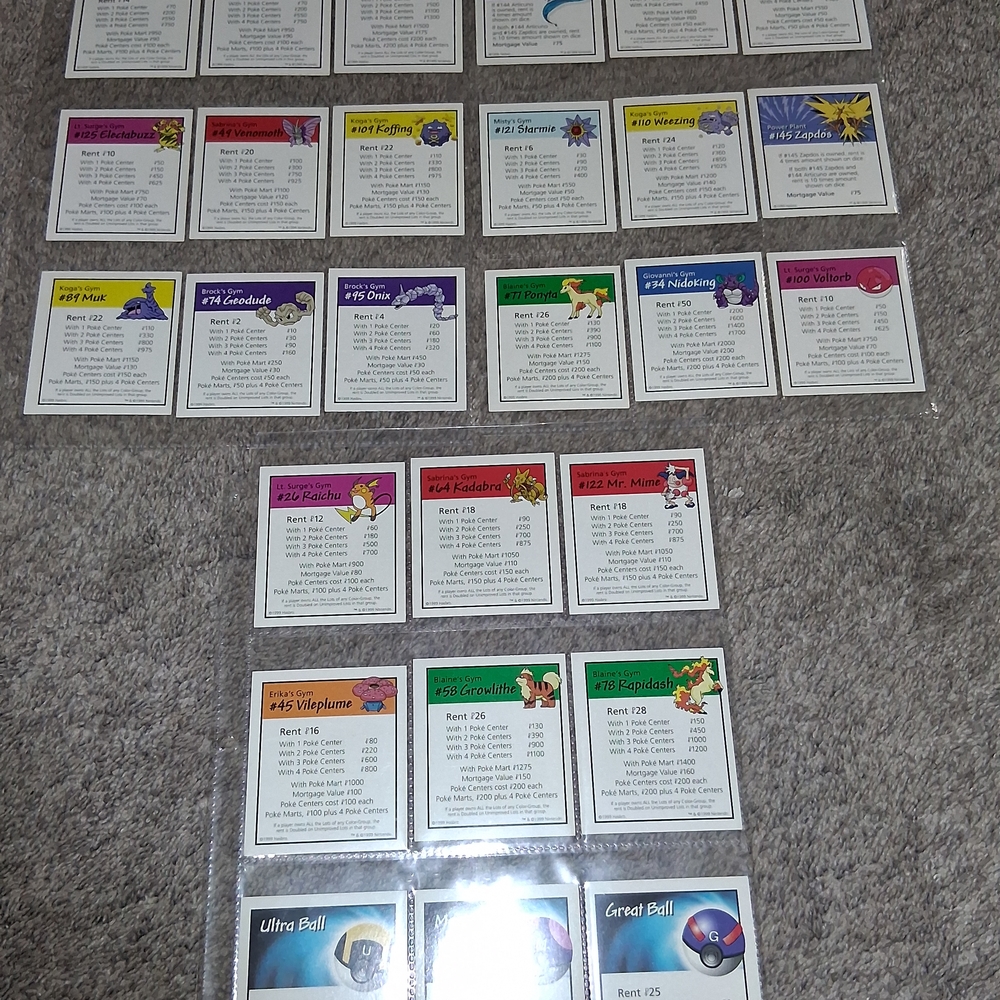 Vintage Pokemon Monopoly 1999 Collectors Edition Replacement Property Deed Cards